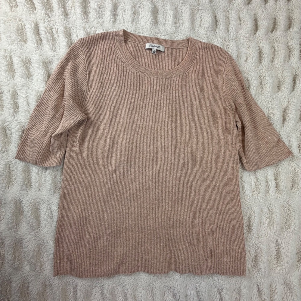 Madewell Womens Ribbed Metallic Short Sleeve Sweater Rose Gold Pink Large